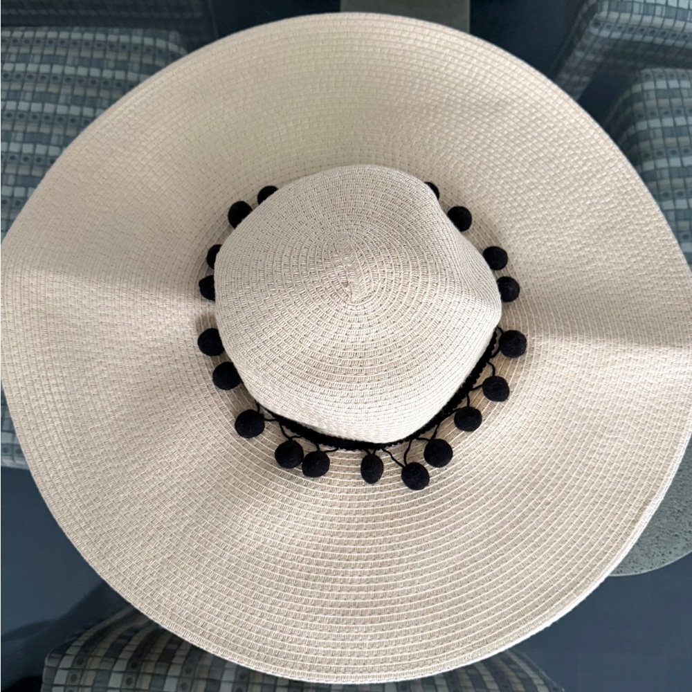 Elegant Beige Wide-Brim Hat with Black Pom Pom Accents-100%Paper